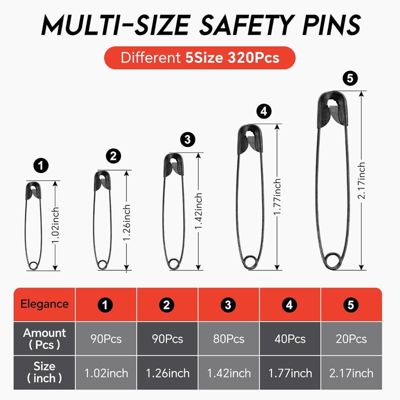 MYYKO 320Pcs Black Safety Pins Assorted,5 Different Sizes Large and Small Safety Pins for Clothes,Pins for Art,Crafts, Sewing and Jewelry Making - Image 2